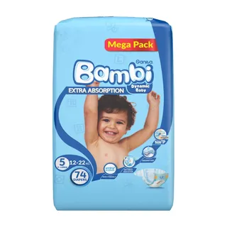 Sanita Bambi Baby Diapers Mega Pack, Size 5, X-Large, 12-22kg, 74 Count