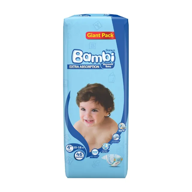 Sanita Bambi Baby Diapers Giant Pack, Size 4+, Large Plus, 10-18kg, 46 Count