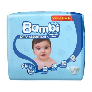 Sanita Bambi Baby Diapers Value Pack, Size 4, Large, 8-16kg, 33 Count