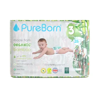 Pure Born Eco Organic Plant Based Baby Diapers Size 3 (5.5-8kg), 28 Pieces