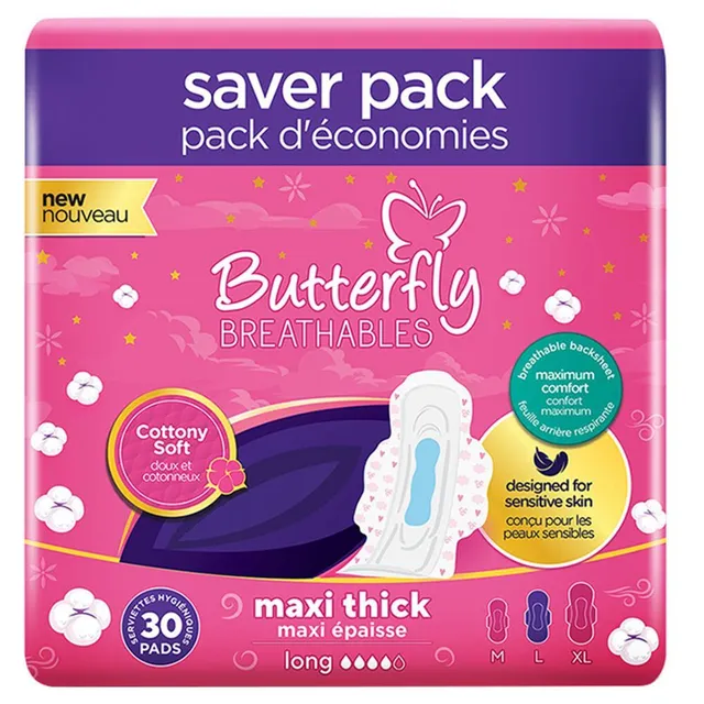 Butterfly Breathables Smooth & Dry Maxi Thick Long Diapers, 30 Pieces