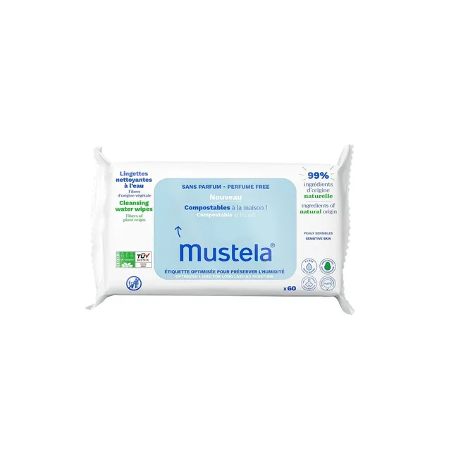 Mustela Compostable Unscented Cleansing Wipes, 60 Wipes