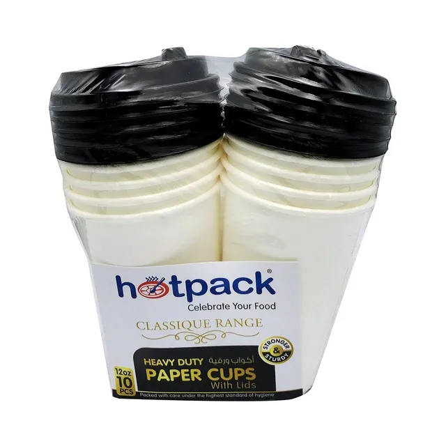 هوت باك كوب ورقي ثقيل أبيض مع غطاء أسود 12oz X 10
