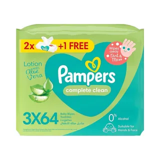 Pampers Complete Clean Baby Wipes with Aloe Vera Lotion for Hands & Face, 3x64 Pieces
