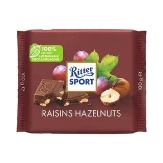 ريتر سبورت حليب شوكولاتة مع زبيب وبندق، 100g