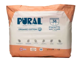 Pural Allergy Friendly Organic Cotton Pull Up Nappies Size 5 XLarge For 12 - 17 kg, 38 Pieces