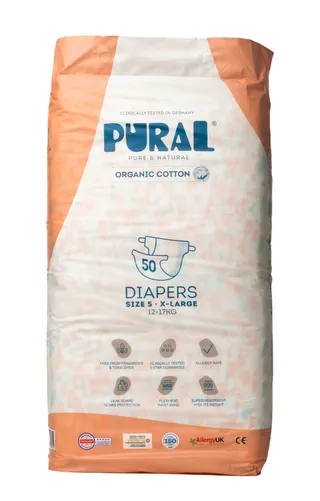 Pural Allergy Friendly Organic Cotton Nappies Size 5 XLarge For 12 - 17 kg, 50 Pieces