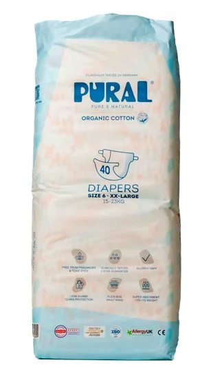 Pural Allergy Friendly Organic Cotton Nappies Size 6 XXLarge For 15 - 23 kg, 40 Pieces