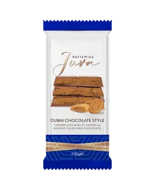 Patiswiss Juva Dubai Chocolate Style Caramelized Biscuit Cream & Kadayif Filled Milk Chocolate Tablets, 100g