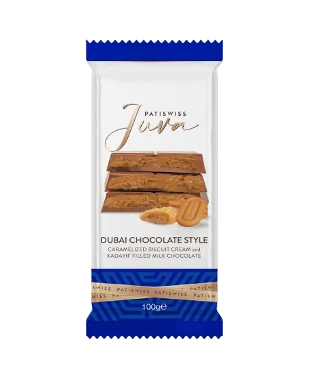 Patiswiss Juva Dubai Chocolate Style Caramelized Biscuit Cream & Kadayif Filled Milk Chocolate Tablets, 100g