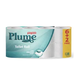 Papco Plume Toilet Roll 200 Sheets 3 Ply, 8 Pieces