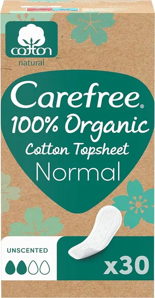 Carefree 100% Organic Cotton Liners Normal Size, 30 Pieces