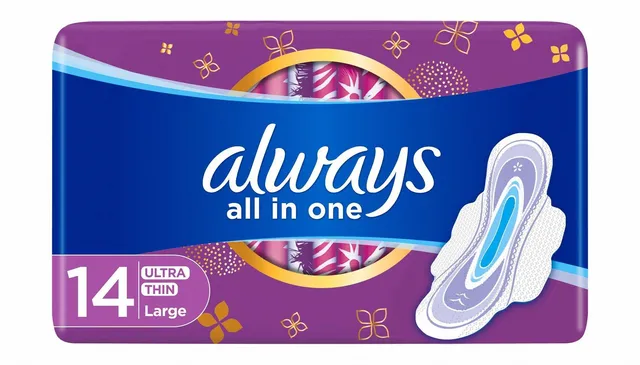 Always All in One Large Ultra Thin Pads with Wings, 14 Pieces