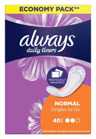Always Daily Singles to Go Normal Scented Pantyliners, 40 Pieces