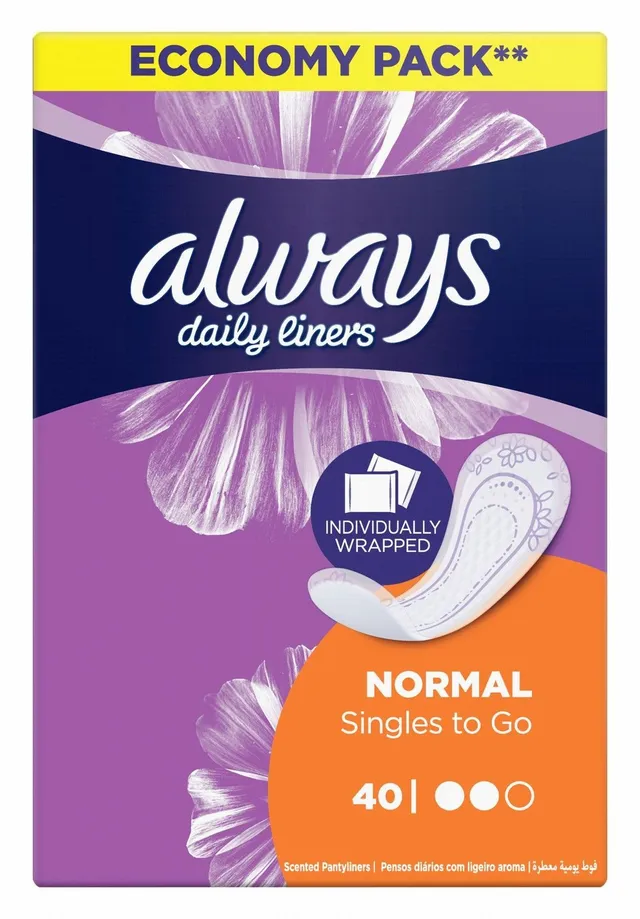 Always Daily Singles to Go Normal Scented Pantyliners, 40 Pieces
