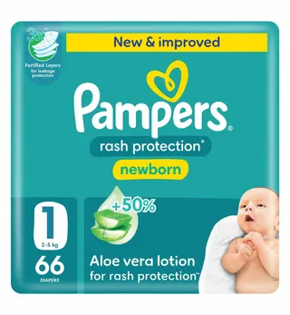 Pampers Rash Protection Newborn Baby Diaper with Aloe Vera Lotion Size 1 (2-5kg), 66 Pieces