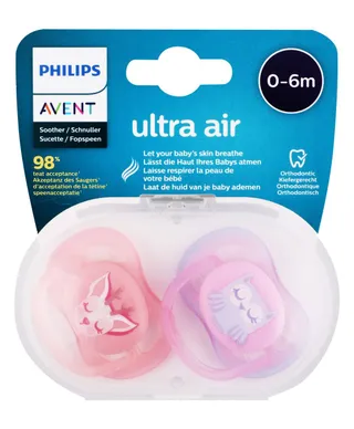 Philips Avent Ultra Air Pink & Purple Orthodonthic Soothers (0-6 Months), 2 Pieces