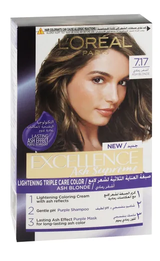 L'Oreal Paris Excellence Ash Supreme Triple Care Hair Color Cream Ash Blonde 7.17, 1 Pack