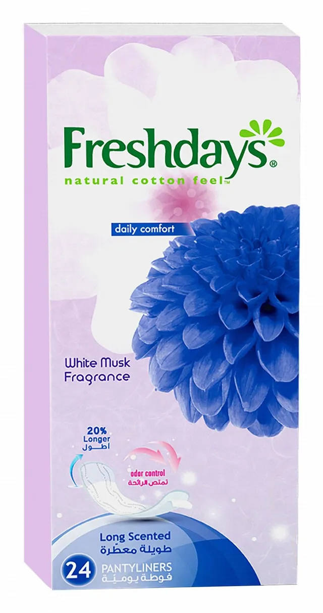 Freshdays Natural Cotton Feel Long Pantyliners White Musk Scent, 24 Pieces