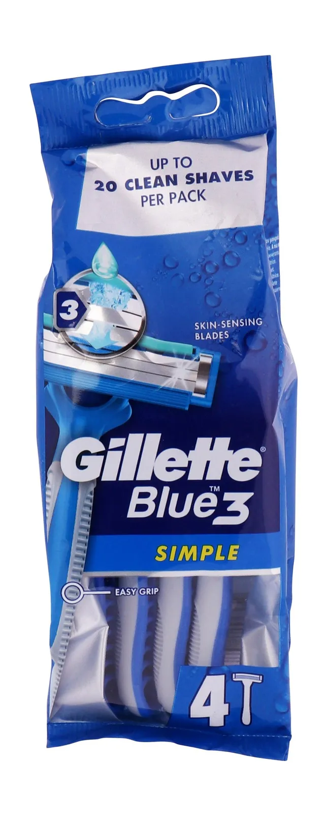 Gillette Blue 3 Simple Disposable Razors for Men, 4 Pieces