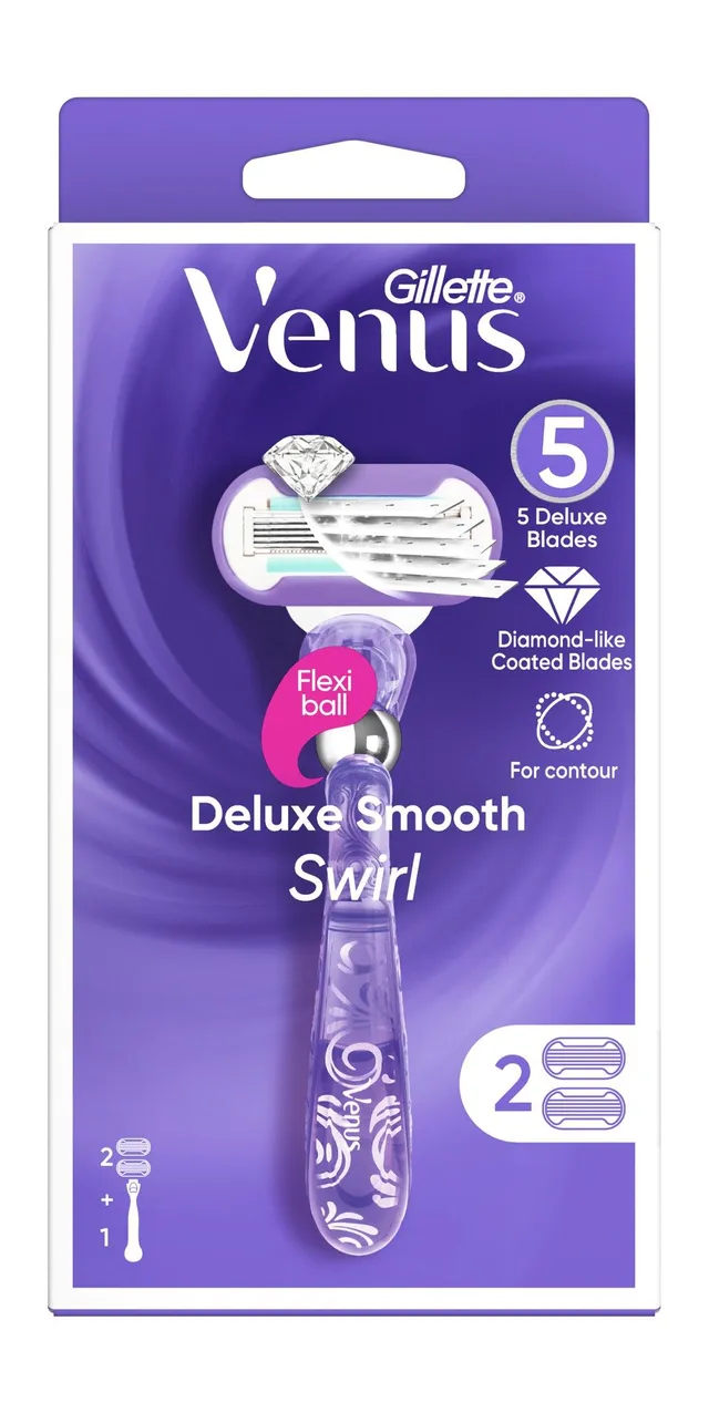 Gillette Venus Deluxe Smooth Swirl 5-Blade Razor with 2 Refills, 1 Pack