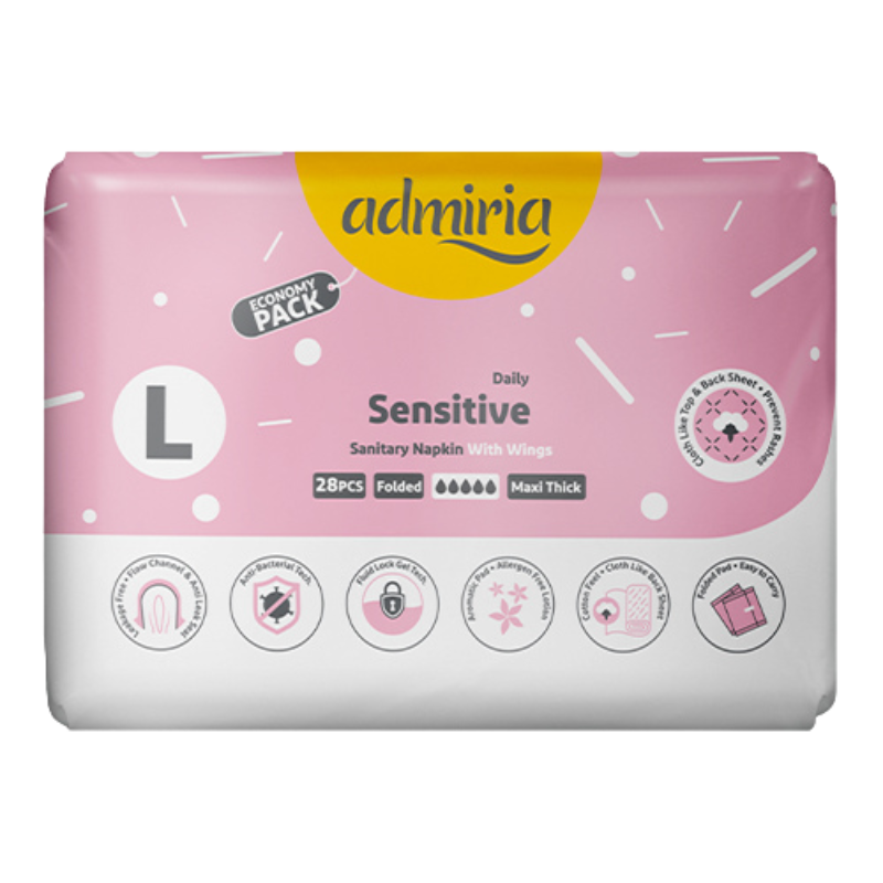 Admiria Maxi-Thick Daily Sanitary Napkins for Sensitive Skin, 28 Pieces