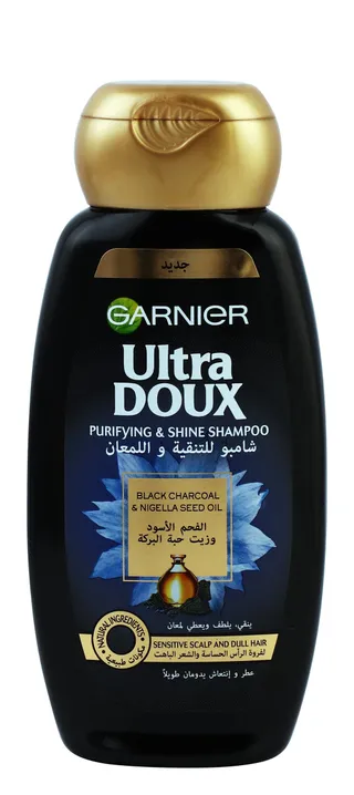 Garnier Ultra Doux Purifying & Shining Shampoo with Black Charcoal Extract & Nigella Seed Oil for Sensitive Scalp & Dull Hair, 200ml