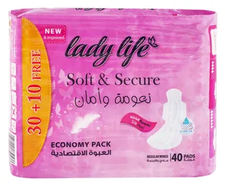 Lady Life Large Regular Pads with Wings, 40 Pieces