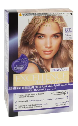 L'Oreal Excellence Ash Supreme Anti-Brass & Lightening Triple Care Hair Color Cream Cool Pearl Light Blonde 8.12, 1 Pack