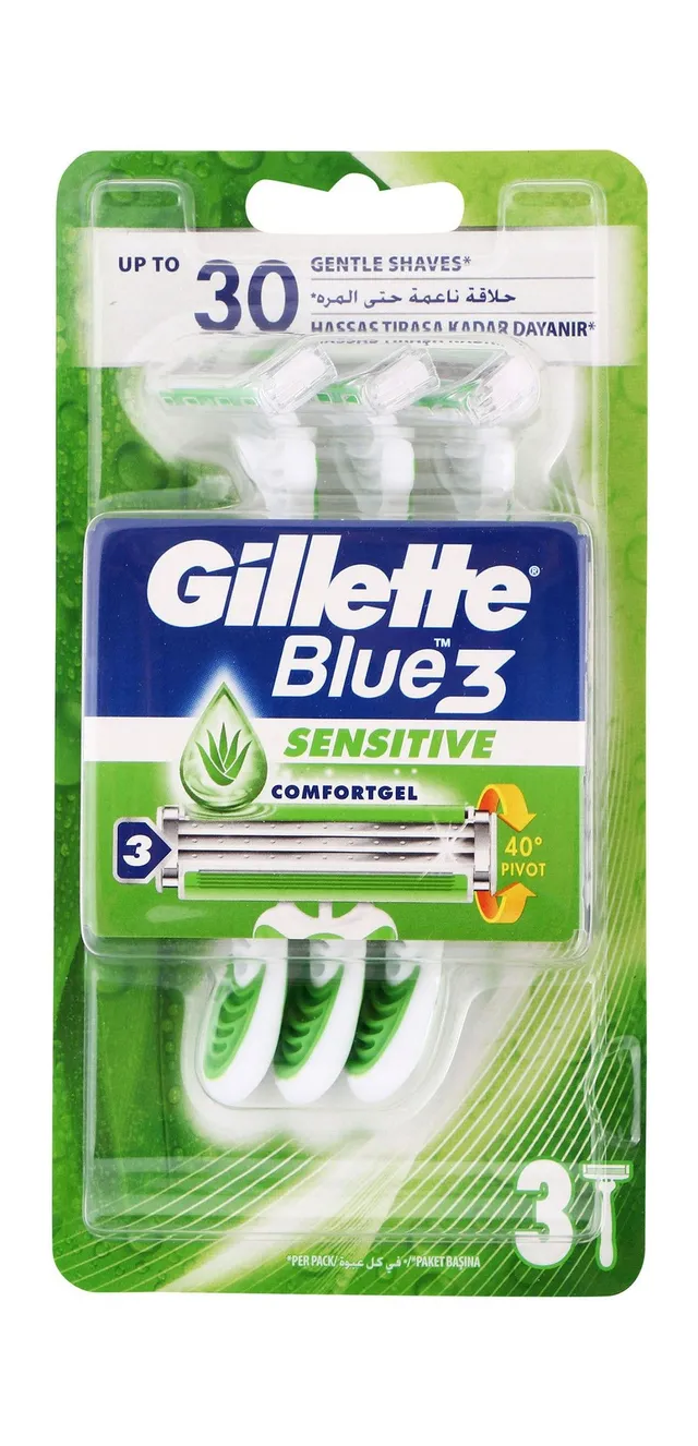 Gillette Blue 3 Shaving Razors with Comfort Gel for Sensitive Skin, 3 Pieces