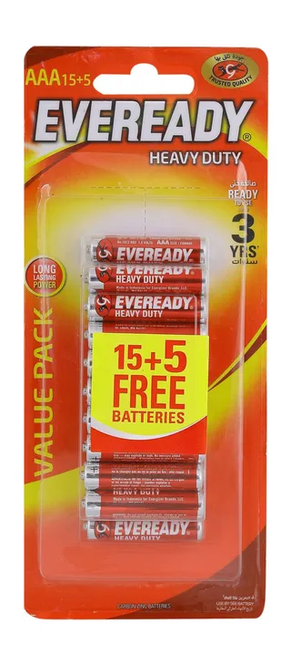 Eveready Heavy Duty AAA Batteries Pack, 15+5 Pieces