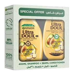 Garnier Ultra Doux Avocado Oil & Shea Butter Nourishing Shampoo, 400ml + Conditioner, 360ml