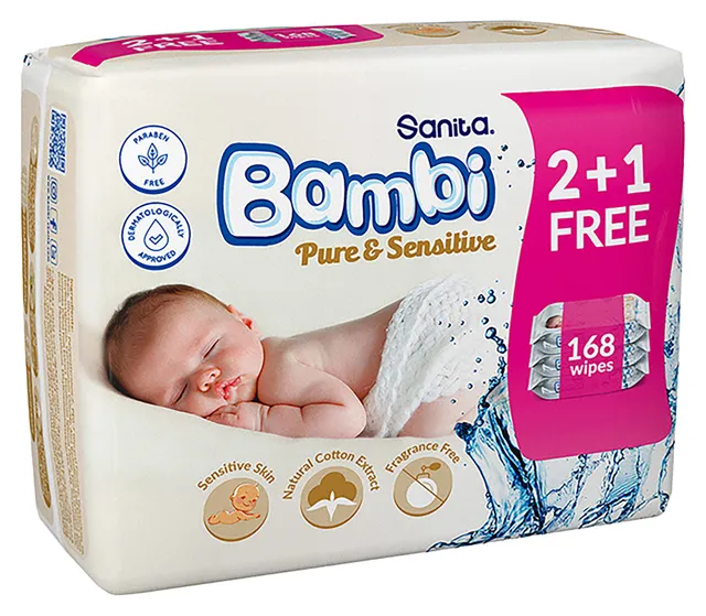 Sanita Bambi Pure & Sensitive Baby Wet Wipes, 3x64 Wipes