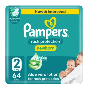 Pampers Rash Protection Taped Diapers, Size 2, 3-8kg, Jumbo Pack, 64 Pieces