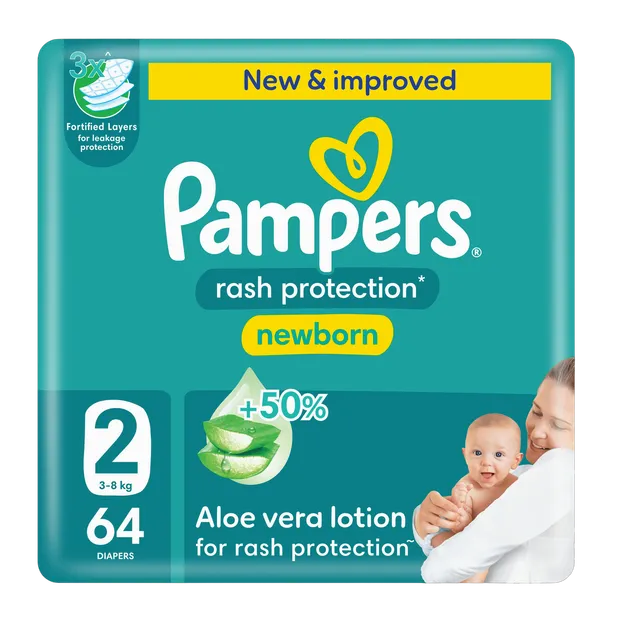Pampers Rash Protection Taped Diapers, Size 2, 3-8kg, Jumbo Pack, 64 Pieces