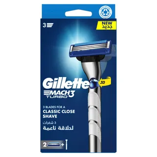 Gillette Mach3 Turbo Men's Refillable Razor Handle + 2 Blade Refills