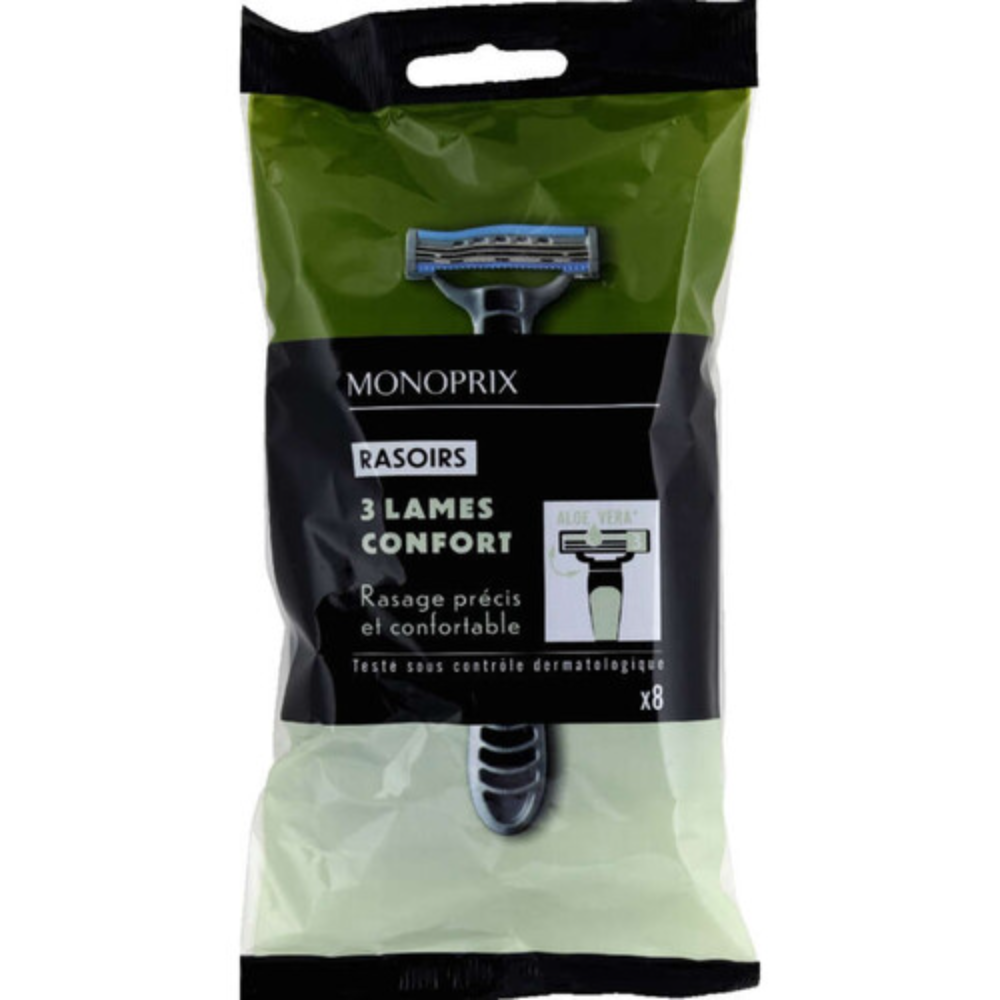 Monoprix Men Razors 3-Blade Aloe Vera, 8 Pcs