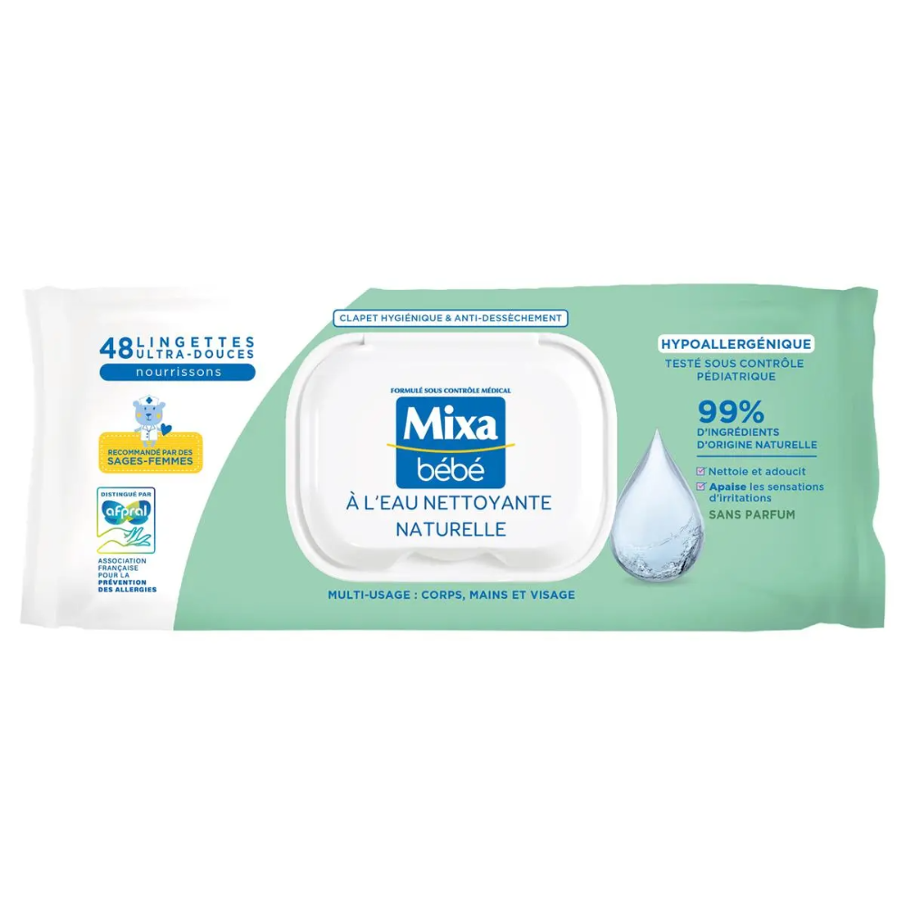 Mixa Bébé Natural Cleansing Water Wipes, 48 Pack