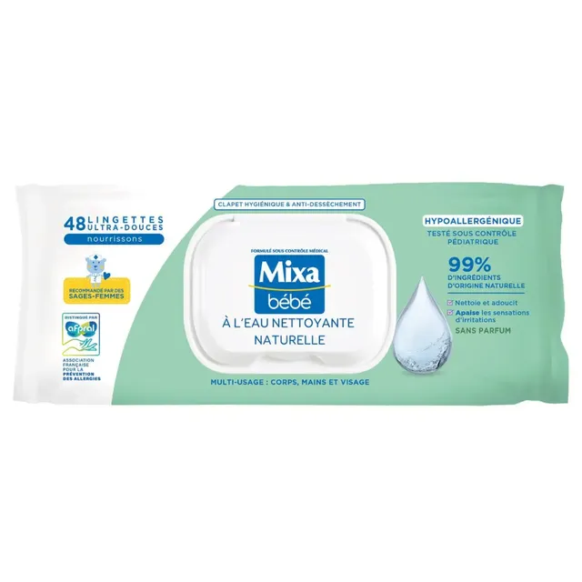 Mixa Bébé Natural Cleansing Water Wipes, 48 Pack