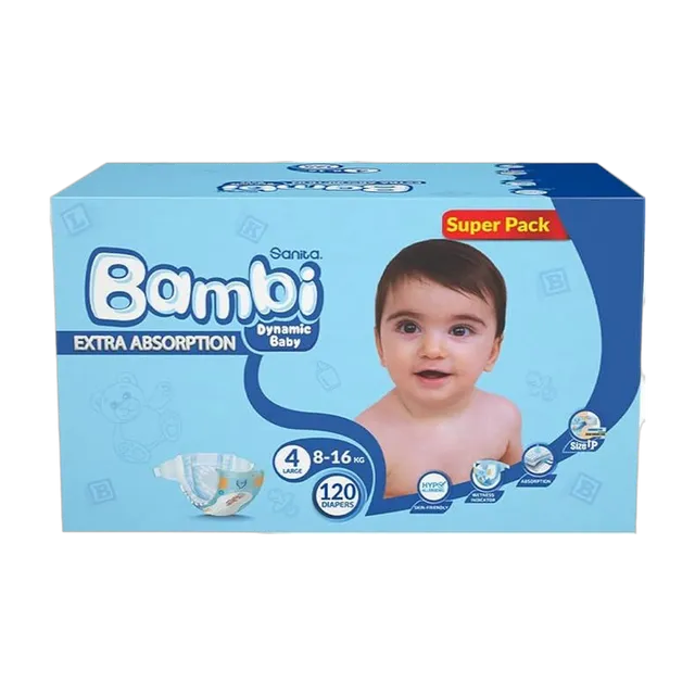Sanita Bambi Baby Diapers Super Pack, Size 4, Large, 8-16kg, 120 Pieces