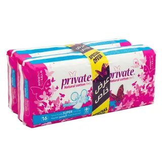 Private Extra Thin Super Sanitary Pads, 2x16 Pieces