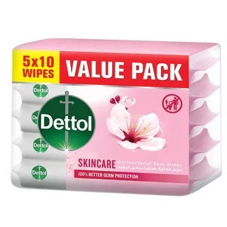 Dettol Skincare Antibacterial Skin Wipes, 5x10 Wipes