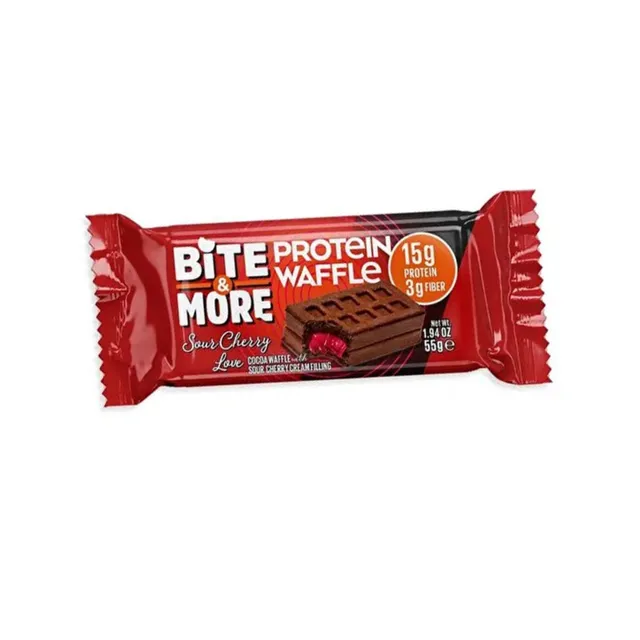 Bite & More Sour Cherry Love Cocoa Waffle with Sour Cherry Cream Filling Protein Waffle, 55g