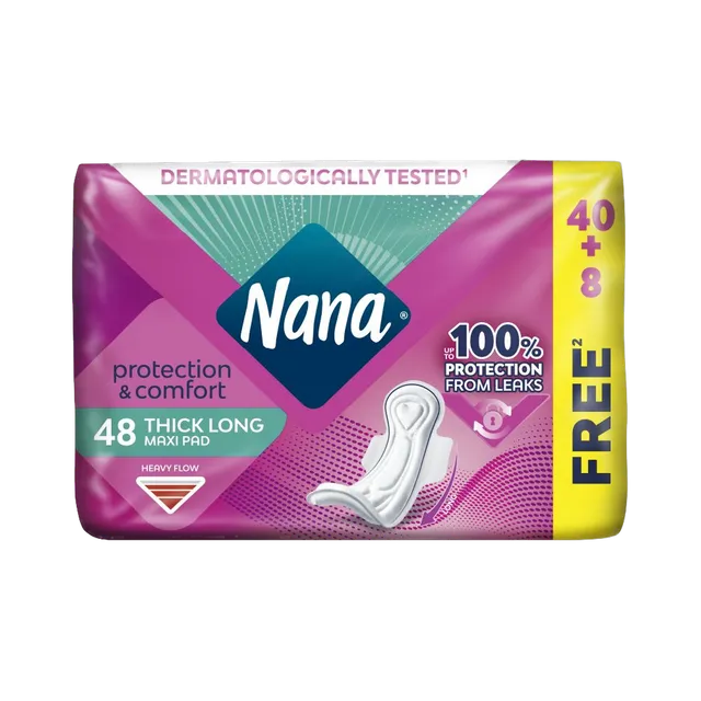 Nana Maxi Thick Long Pads with Wings, 48 Count