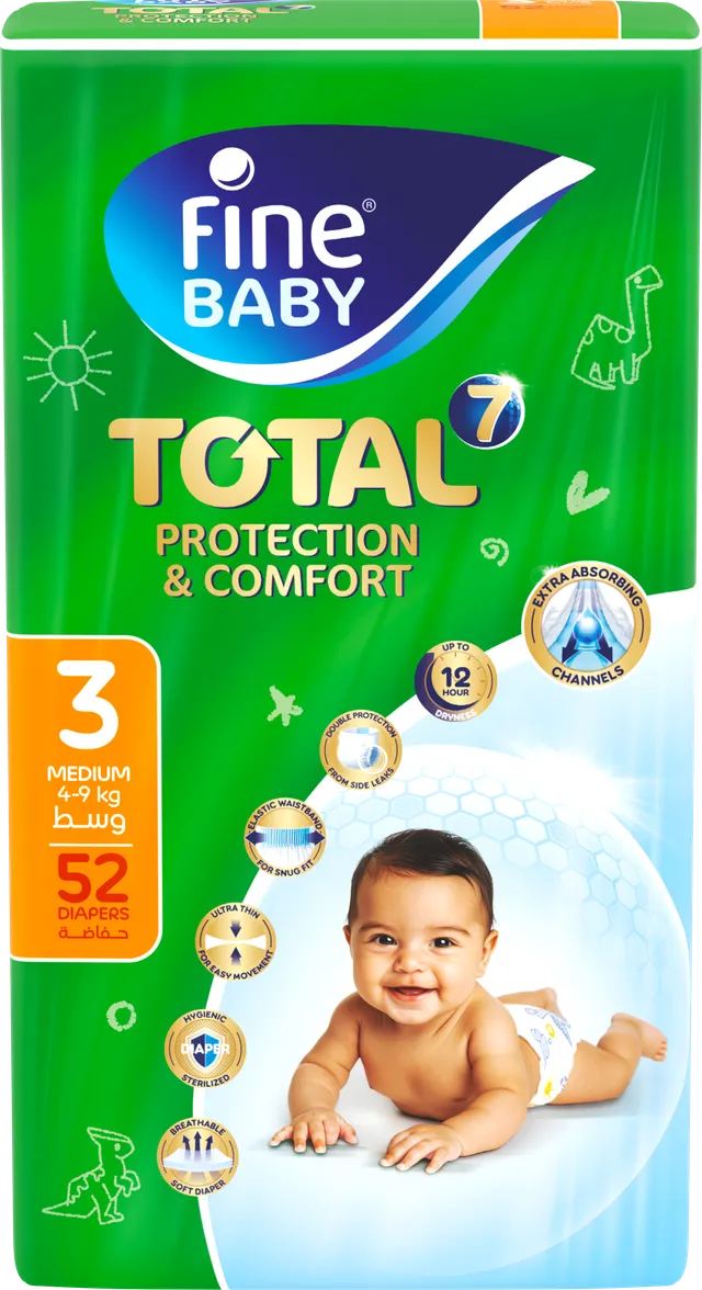 Fine Baby Total 7 Diapers Size 3 Medium 4-9kg 52 Pieces