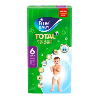 فاين بيبي حفاضات أطفال بقفل مزدوج مقاس 6 جونيور عبوة عملاقة 16+ كجم 54 حبة