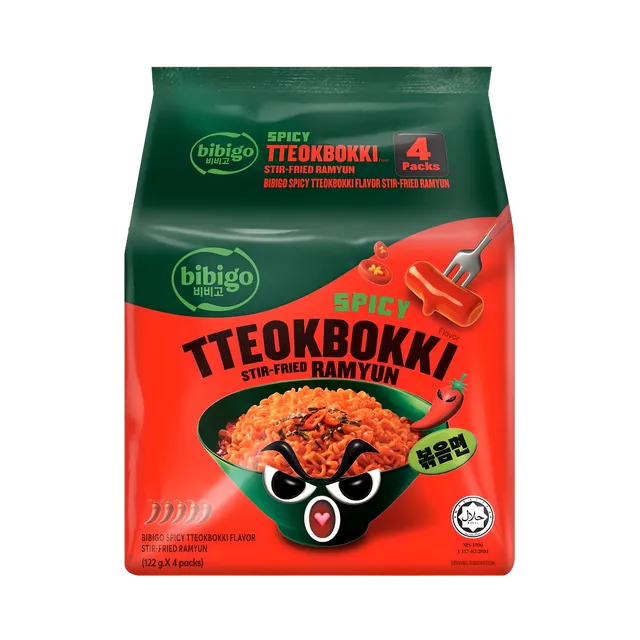 Bibigo Spicy Tteokbokki Stir-Fried Ramen Noodles, 4x122g