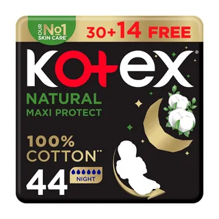 Kotex Natural Maxi Protect Thick Pads, Overnight Protection Sanitary Pads with Wings, 44 Sanitary Pads