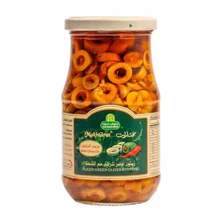 Halwani Bros Mukhtarat Sliced Green Olives with Chilli, 325g