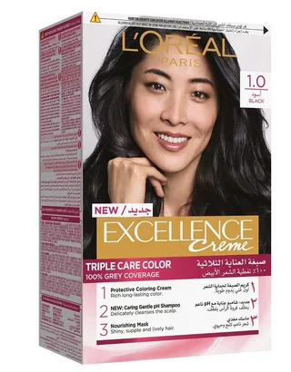 L'Oreal Paris Excellence Triple Care Hair Color Cream Black 1.0, 1 Pack